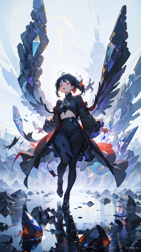 devil,crystal clear red eyes,Black wings、Black Tail、Shadow on face、Glaring、Clothes are covered in a black haze、Dark emotions、Crows flying in circles in the sky、Black Tears,　Gliding on wings、Laughing out loud、Drawing