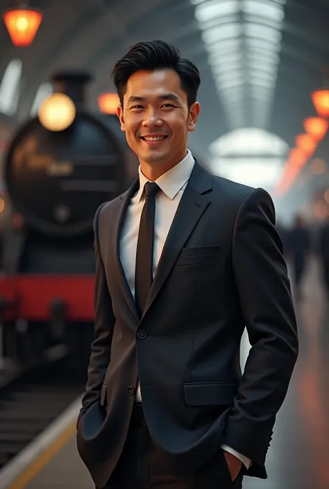 man, short black hair, smilling , dressed in an elegant suit, full body, in a train station, looking at the camera, a locomotive behind, photorealistic