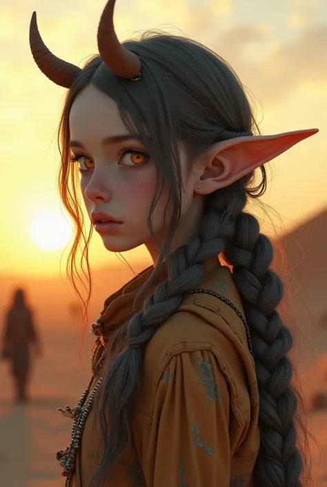 work of art, half-body shot, transition to a desert landscape at sunset, a solitary figure walking, a beautiful young gray skin, orange eyes, elf ear, small, inward-curving horns appear wearing beautiful post-apocalyptic nomadic clothing, freckles on the f...