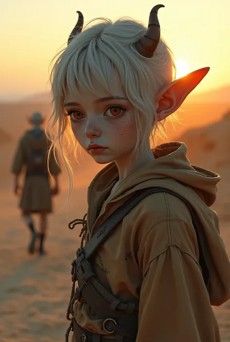 work of art, half-body shot, transition to a desert landscape at sunset, a solitary figure walking, a beautiful young gray skin, orange eyes, elf ear, small, inward-curving horns appear wearing beautiful post-apocalyptic nomadic clothing, freckles on the f...