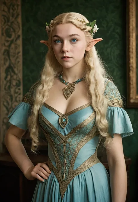 1910s analog film photograph, colorized photo of an elven maiden, 18-years-old, amazonian stature, thick-fit hourglass figure, busty breasts, toned, athletic, wearing a victorian traveling dress, warm almond complexion, pointy elf ears, blue eyes, platinum...