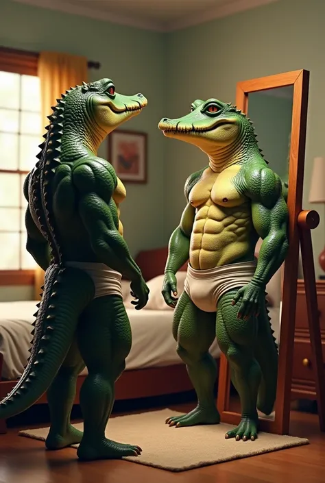 Muscle Alligator in bedroom wearing underwear looking at mirror with smile In his view digital ART  full body 