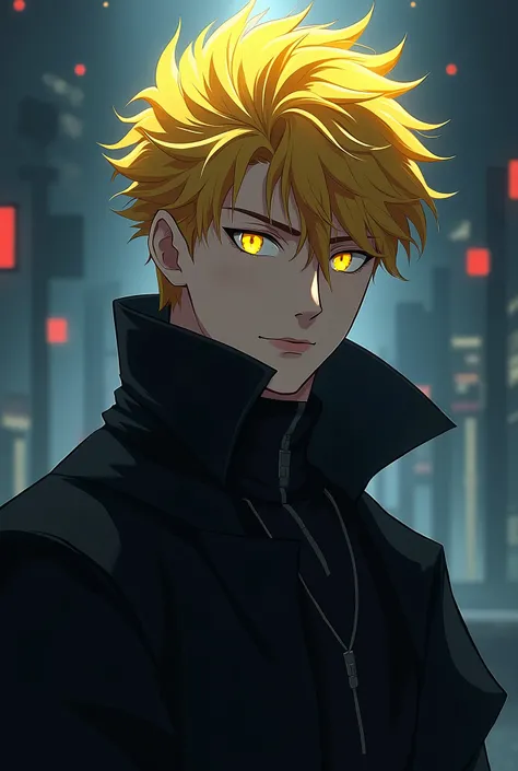 Yellow hair, yellow eyes, yellow hair, anime, , young man in his twenties, wearing black, night, soft lighting, strength, majesty, handsome, cold look, vengeful, not smiling  