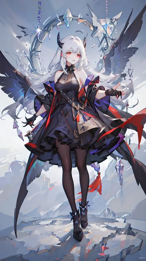 devil,crystal clear red eyes,Black wings、Black Tail、Shadow on face、Glaring、Clothes are covered in a black haze、Dark emotions、Crows flying in circles in the sky、Black Tears,　Gliding on wings、Laughing out loud、Drawing、sticking his left hand out in front of h...