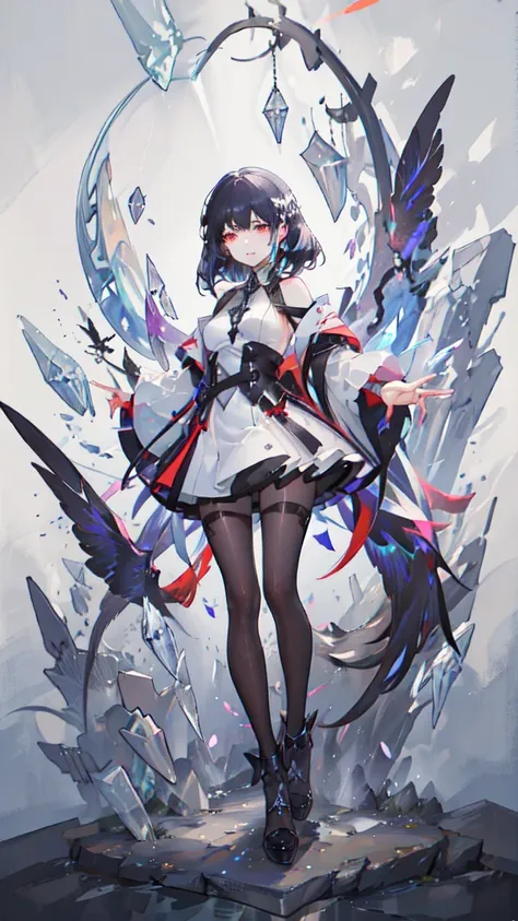 devil,crystal clear red eyes,Black wings、Black Tail、Shadow on face、Glaring、Clothes are covered in a black haze、Dark emotions、Crows flying in circles in the sky、Black Tears,　Gliding on wings、Laughing out loud、Drawing、sticking his left hand out in front of h...