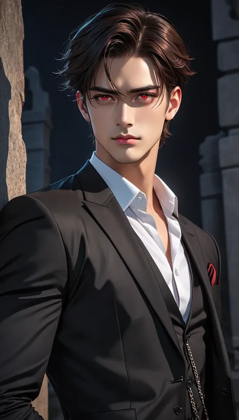 Masterpiece, 8k, HDR, best quality, ultra-detailed, aesthetic pose, dark vibes, man about twenty years old, handsome, hot guy, his ruby-red eyes glowed, sharp gaze, ultra detailed at eyes, tall, standing cool, side angle, close-up shot, wearing vest and bl...