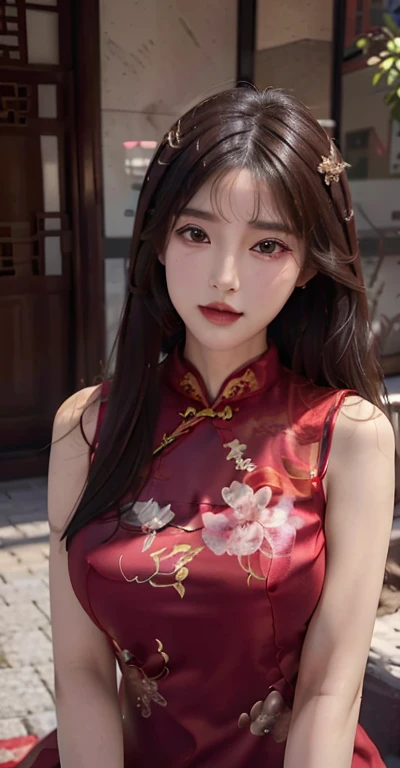 Masterpiece，Ultra-clear texture，Chinese red，Cheongsam beauty，Good facial features，Chinese clothing hairstyle，By bangs，largeeyes，long eyelasher，The chest is huge，Stand up，facing to audience