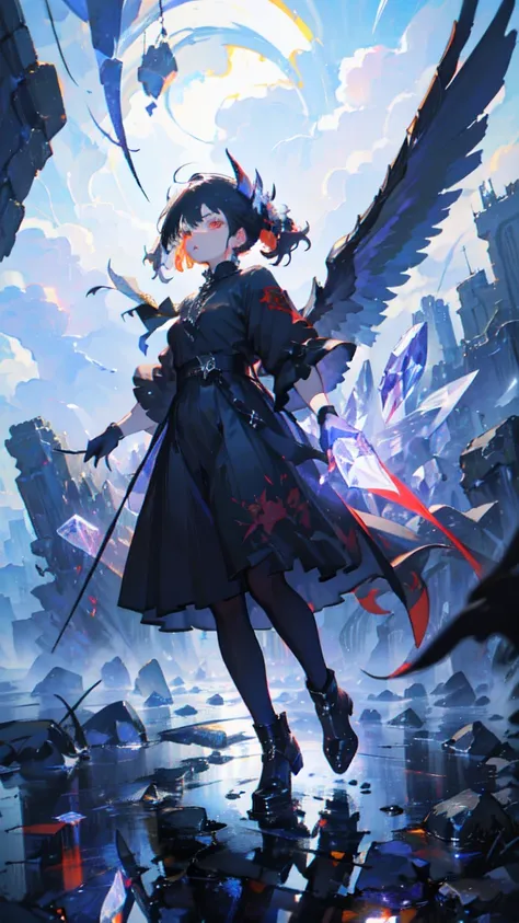 devil,crystal clear red eyes,Black wings、Black Tail、Shadow on face、Glaring、Clothes are covered in a black haze、Dark emotions、Crows flying in circles in the sky、Black Tears,　Gliding on wings