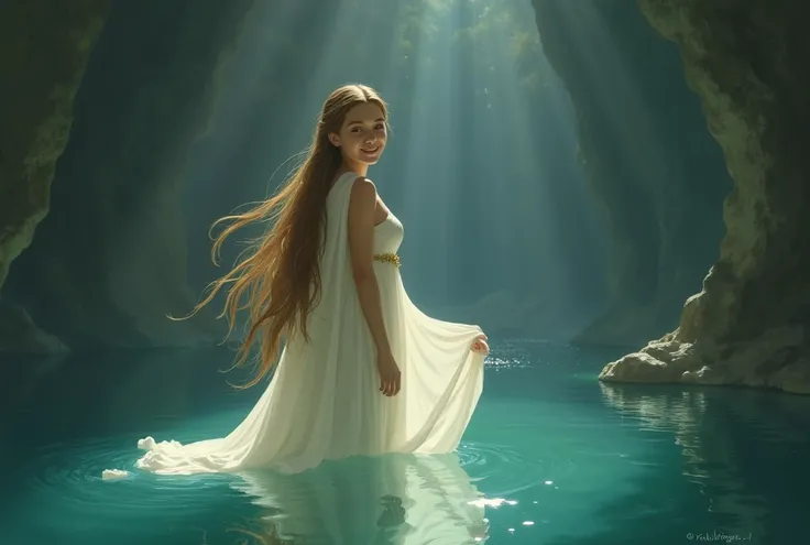 A delicate depiction of the Goddess of Wishing Falls from The Legend of Zelda、In the background, he is standing by a lake in a cave.、A gentle smiling face、Long brown hair、Wearing a white cloth