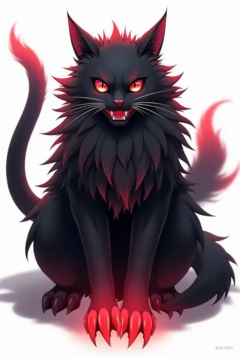 animal, feline, anime, big ears, Red eyes, fancy, imposing, White background, bushy tail, claws with radiant light, smooth black fur, red hairs, axe-shaped fangs