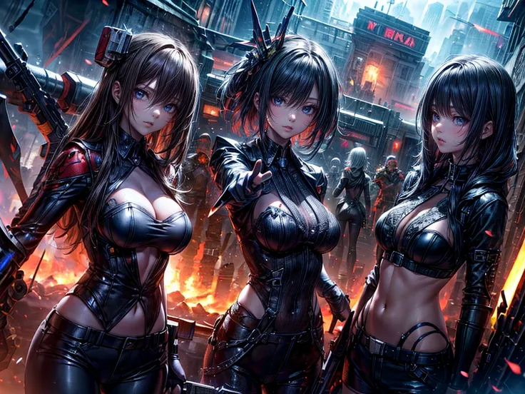 High resolution, Winner of numerous awards, Ultra high definition, Textured skin, Retina, 
masterpiece,(bestquality),highlydetailed,ultra-detailed,4girl, （Four gangster girls posing with weapons.:1.4）(gangsta paradise:1.2)（robot）(cybercitylandscape:1.2,nat...