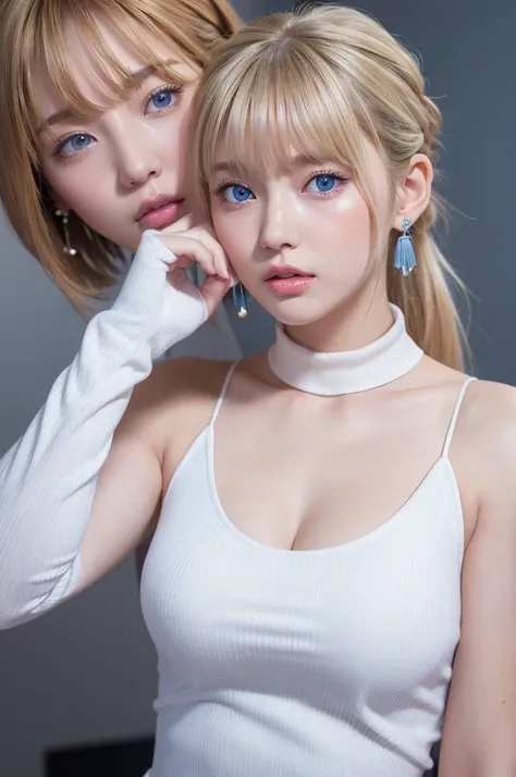 ((Highest quality)), ((masterpiece)), (High-definition photos), (upper ponytail), (Blonde), (bangs),  (18 yo beautiful girl:1.3), False eyelashes, (earrings), white sleeveless turtleneck dress with a ribbed texture and a bodycon fit, (large breasts), cover...