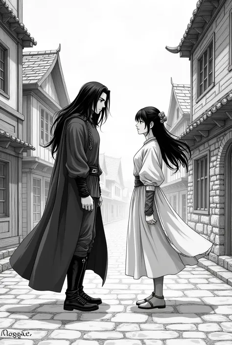 Create a black and white manga style male character, with long black hair, talking to a girl, in a medieval era