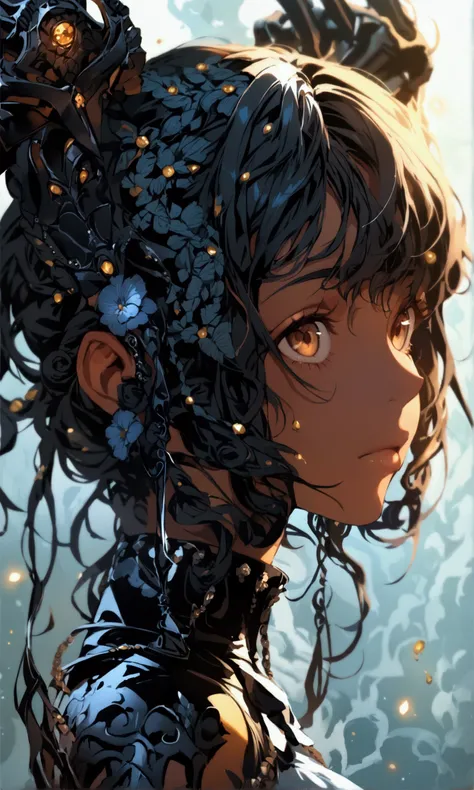 could create an image of a girl who looked like , braided curly hair, slightly dark skin and brown eyes with two black mechanical arms and wearing a gothic outfit?