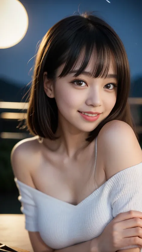 table top, highest quality, 8K, (, 10th generation, primary school student,young face,young:1.5),Raw photo, absurd, award-winning portraits, smile, blush,alone, (night:1.8), idol face, delicate girl,delicate body, Upper body, Digital single-lens reflex cam...