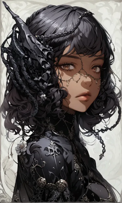 could create an image of a girl who looked like , braided curly hair, slightly dark skin and brown eyes with two black mechanical arms and wearing a gothic outfit?