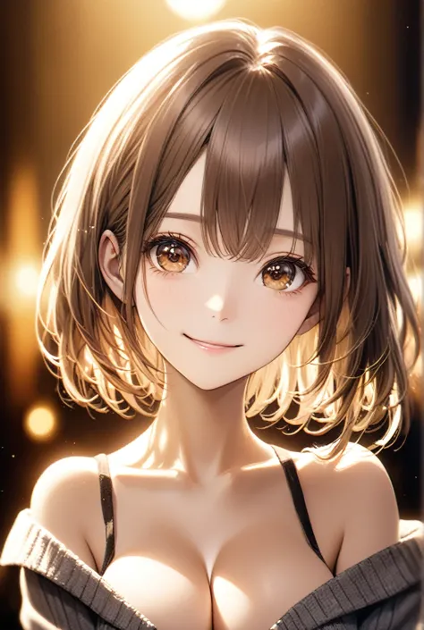 night, RAW Photos, (((Very beautiful portrait))), (Very beautiful portrait))), 1 girl, sexy 2 girl, ((Natural brown short hair)), [Brown eyes],A gentle smile looking at the camera(Cleavage), ((masterpiece, 最high quality, Super detailed, Cinema Lighting, In...