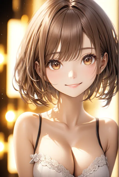 night, RAW Photos, (((Very beautiful portrait))), (Very beautiful portrait))), 1 girl, sexy 2 girl, ((Natural brown short hair)), [Brown eyes],A gentle smile looking at the camera(Cleavage), ((masterpiece, 最high quality, Super detailed, Cinema Lighting, In...