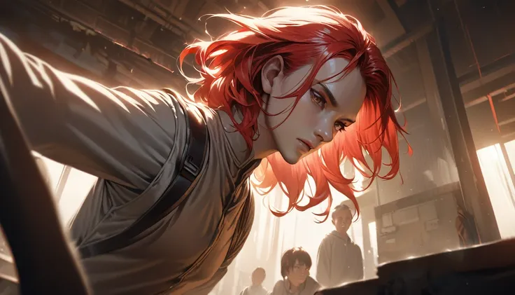 a man with long red hair, neutral expression, looking directly at camera, low angle shot, detailed facial features, realistic skin, detailed clothing, atmospheric lighting, cinematic composition, dramatic contrast, high quality, photorealistic, studio ligh...