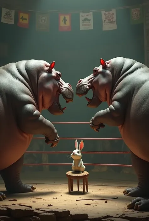 Create realistic images of two hippos in a boxing fight, having a rabbit as a judge