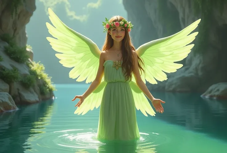 A delicate depiction of the Goddess of Wishing Falls from The Legend of Zelda、In the background, he is standing by a lake in a cave.、A gentle smiling face、Long brown hair、Wearing a light green cloth、Large pale green wings on its back、Floral ornament on the...