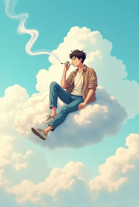 Generates A male man smoking cigarette on top of a cloud Anime version