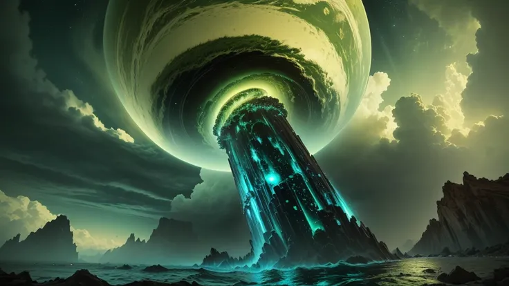 picture of a highly atmospheric planet a gass giant, with a liguid core, that has a lot of hurricanes reachig the sky from water, the whole planet has a green color pallete, it is digitaly drawn, with a perspective like a wide lens would have, it is very c...