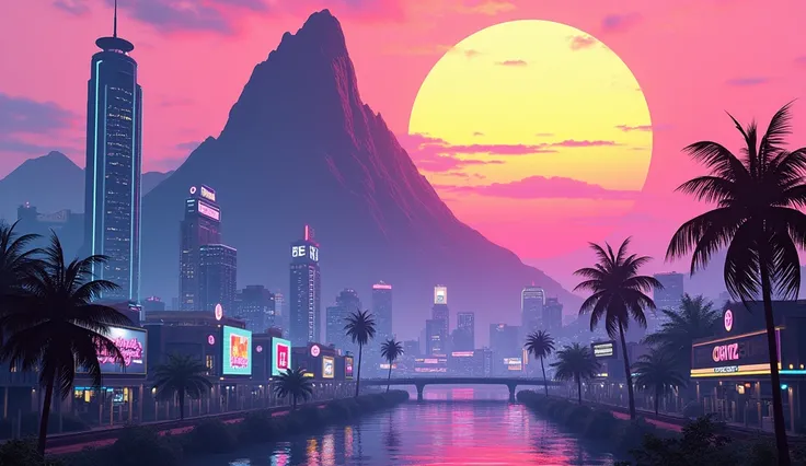 Vice City GTA, pink and blue and yellow sky with a yellow sun, In the background a huge mountain of stone