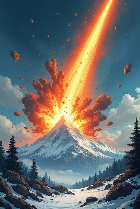 a mountain being hit by a meteor  at very high speed, with a large explosion (manga art style) (hand drawn)  