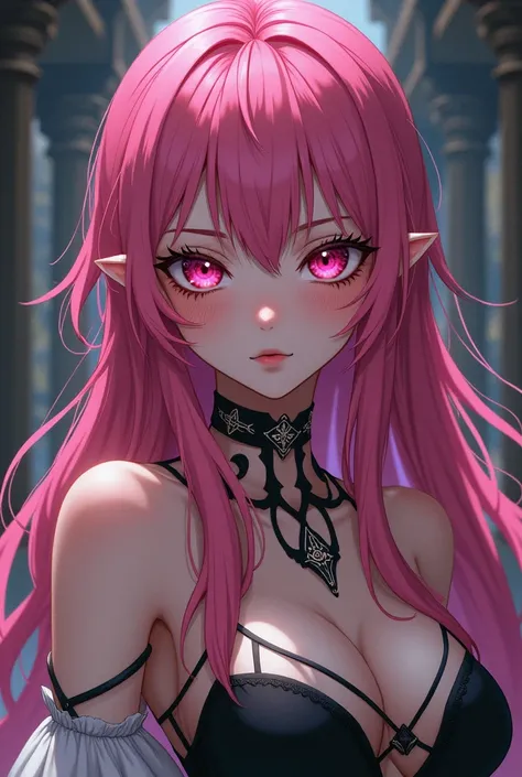 Fantasy Character. adult  woman, with pink hair and pink eyes, fair skin with freckles, a frightening feature, with a dominant look. Medieval era anime style.