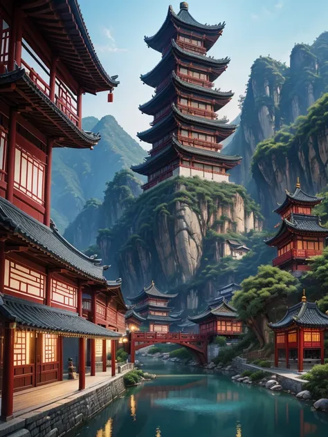 Painting of a Chinese village with a bridge over the river, Ross Tran. picturesque background, digital painting of pagoda, Cyberpunk Chinese ancient castle, A dreamy Chinese town, Highly detailed digital painting, very detailed digital painting, Detailed d...