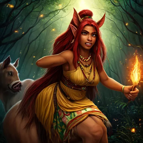 ((best qualityer)), ((work of art)), (detailded), an aggressive indigenous girl with red hair, dressed as an Indian, elf ears and riding a Brazilian wild pig with tusks wandering through a misty enchanted forest with light grass and fireflies
