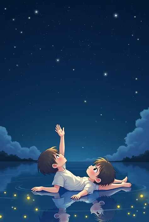 Adults Girl and boy, lie on the water, the stars are reflected in the water, glowing fireflies fly nearby, girl reaches her hand to the sky, anime style, top view straight