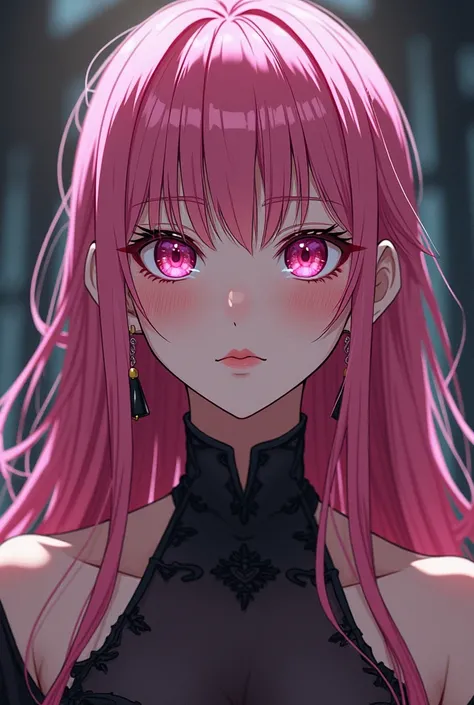 Fantasy Character. adult  woman, with pink hair and pink eyes, fair skin with freckles, a frightening feature, with a dominant look. Medieval era anime style.