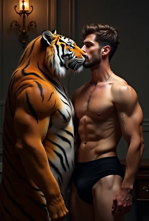 Handsome muscular reddish furry tiger black nipples black underwear bulge ,Kiss male human male chest hair lick