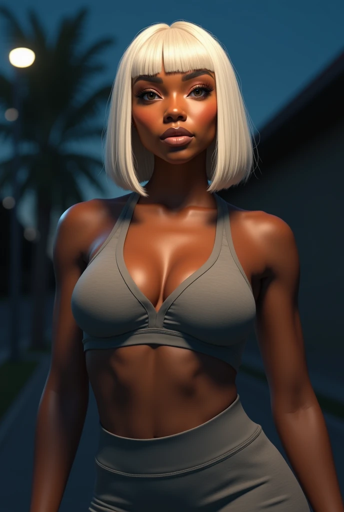 beautiful black woman, with straight white bob hair and large breasts, open tits and sporty gray clothes, detailed facial features, muscular athletic body, photorealistic, 8k, high quality, natural lighting, dynamic pose, outdoor setting at night