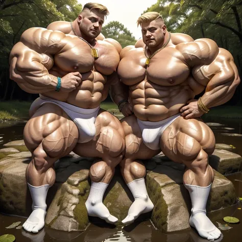 full view full body, 2 different blond European male bodybuilders with undercut cut, extremely bloated and swollen with muscle and fat like two big and fat obese pigs force-fed, their over-inflated muscles resembling buoys, there are a lot of gold rings, b...