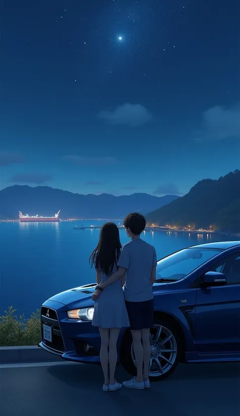 A couple (the women  have black and long hair, and the man have brown and short hair) leaning on a Mitsubishi Lancer X watching the night  on japon on the coast at the distance 
