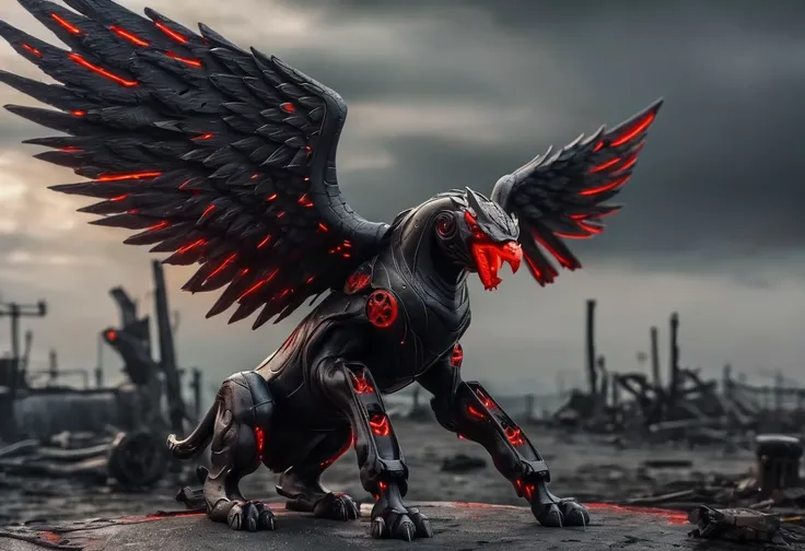 masterpiece, best quality, a griffin, on all fours, made of carbon fiber, black color, black chromed, red neon eyes, steam out of its body, wings, on a post apocalyptic background,