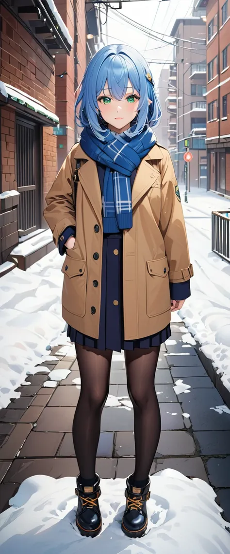 best quality,ultra-high resolution,1 girl,solitary,whole body,snow,city,, blue hair,green eyes,jk,uniforms,