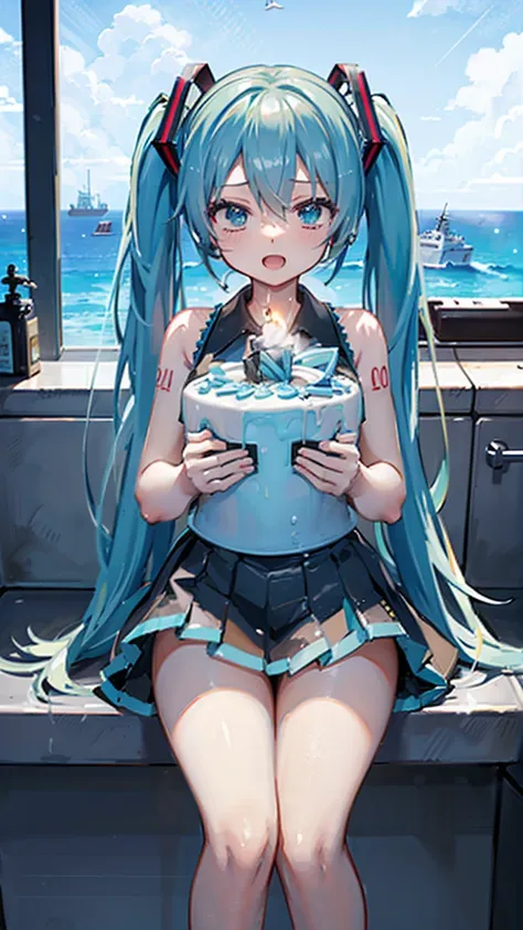 (((celebrate hatsune miku_a birthday, birthday warship_cake_sink))), fire, candle, birthday girl,whole body, happy, excited,brea...