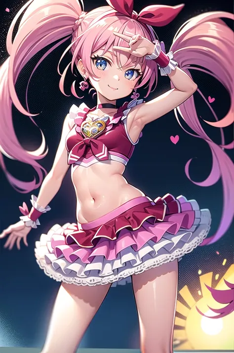 cure melody, belly button, pink hair ribbon:1.2, hair band, pink knee socks, pink shoes, wrist cuff, twin tails, gem, frills, an...