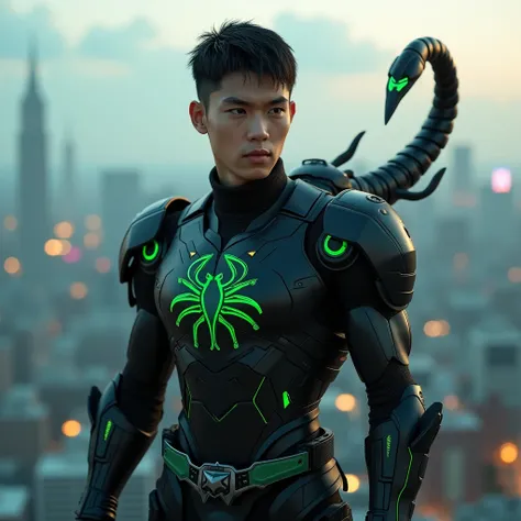 Young handsome Asian man with short black hair and somboy style face, eyes browns, wearing black futuristic cybernetic armor with a green scorpion symbol on the chest, a cybernetic scorpion tail made of black metal with green details, holding two futuristi...