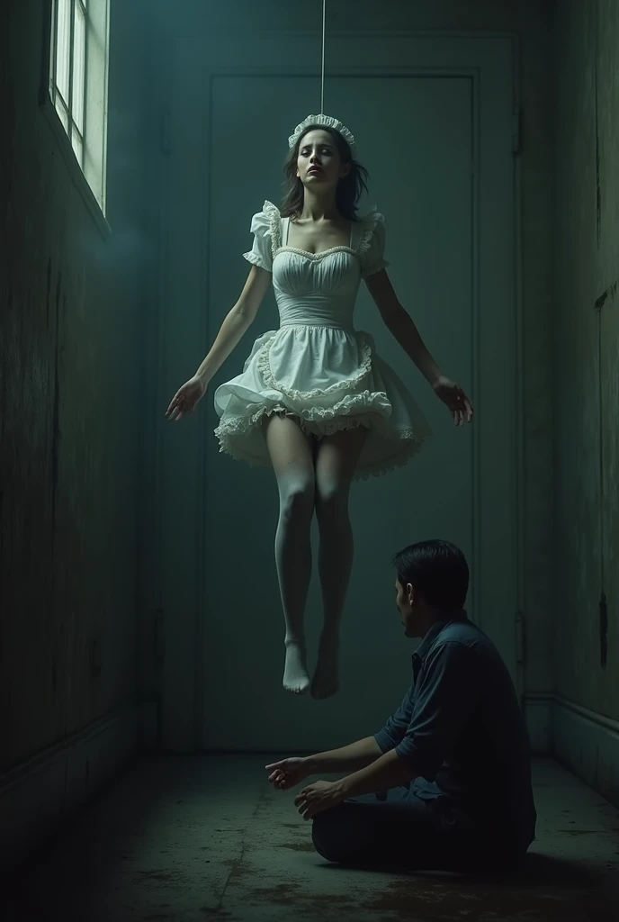 White thigh high stocking maid hanged herself to death ,hovering in the air , a man sitting on the ground in panic 