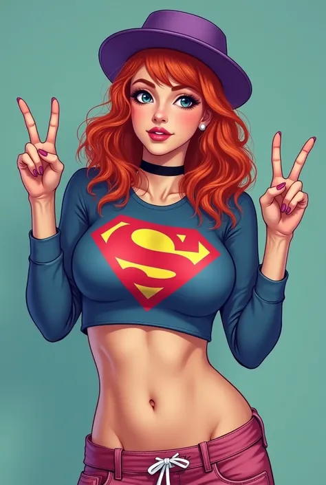  red haired girl with purple hat, superman blouse up to the waist with toned legs and skater sneakers making a peace and love sign with the fingers of the hands highlighted breasts highlighted in the blouse