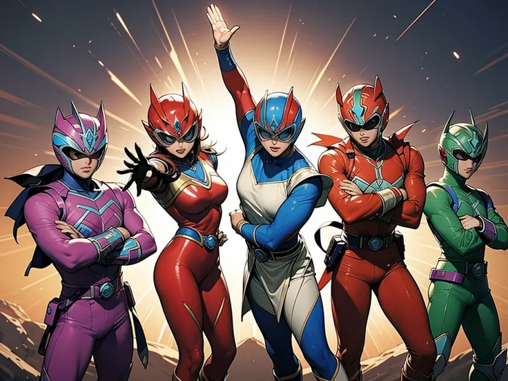 photo, group of power rangers in action poses (superranger style:1)