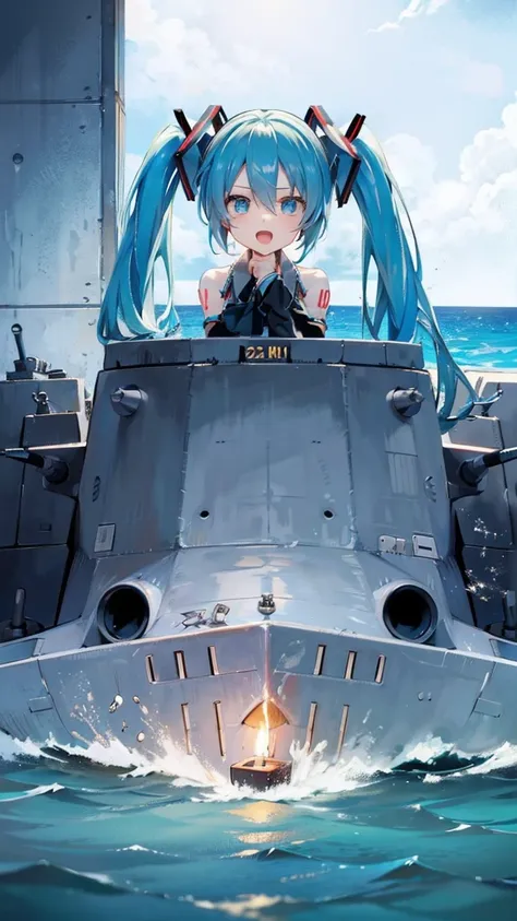 battleshipmiku,(((celebrate hatsune miku_a birthday, birthday warship_cake_sink))), fire, candle, birthday girl,whole body, happ...