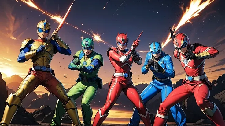 photo, group of power rangers in action poses (superranger style:1)