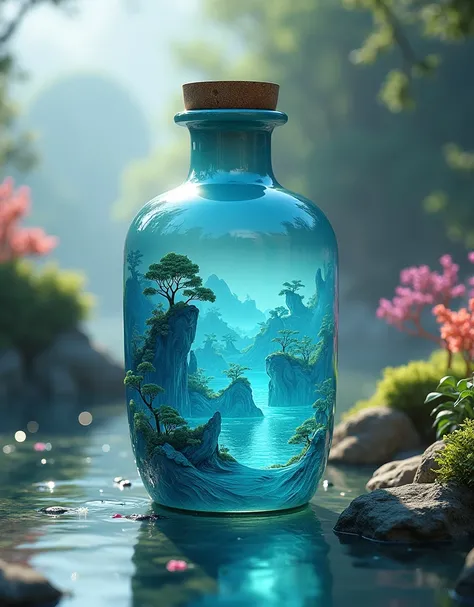 masterpiece，high quality，Best quality，aesthetics，Sculpture，Product photography，Glass bottles surrounded by jade landscape，陶瓷Sculpture玻璃瓶，Transparent water，Chinese 3D landscape painting background，复杂Sculpture背景，Chinese Song Dynasty Landscape Painting，Blue T...