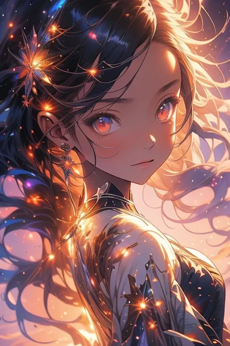 a picture taken from a digital painting of a girl in a dress, beautiful anime artwork, wearing a dress made of stars, beautiful anime art, makoto shinkai cyril rolando, magical dress, anime fantasy illustration, anime fantasy artwork, ethereal anime, anime...